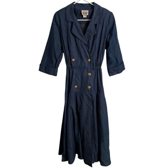 Vtg Womens Denim Double Breasted Dress 6 3/4 Sleeve Tea Length Modest Nautical - Picture 1 of 8